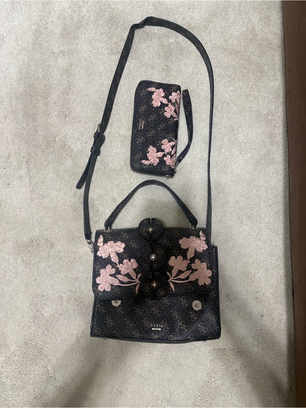 GUESS Black Satchel with Pink Floral Embroidery with matching wallet